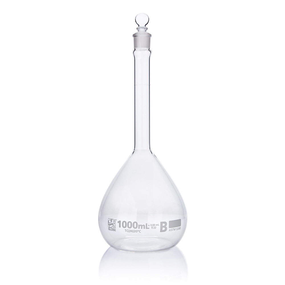 Globe Scientific Flask, Volumetric , Globe Glass, 1000mL, Class B, To Contain (TC), ASTME288, 1/Box Image